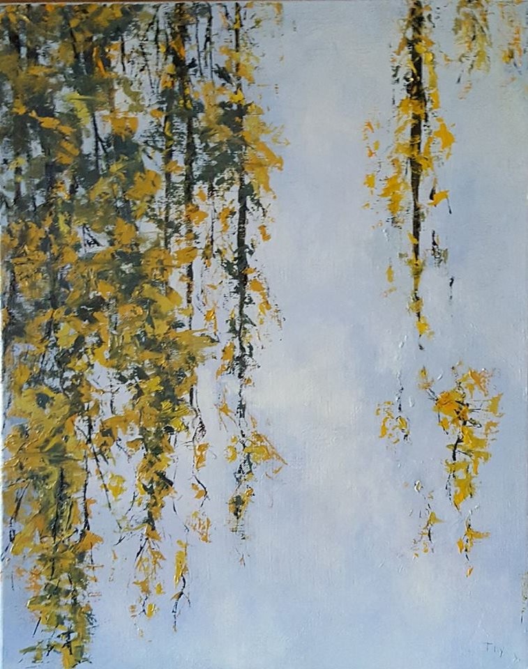 oil painting, green and yellow trees reflected in blue water
