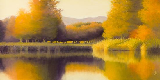 pastel painting in autumn shades of trees and grasses surrounding water, with mountains in the backdrop