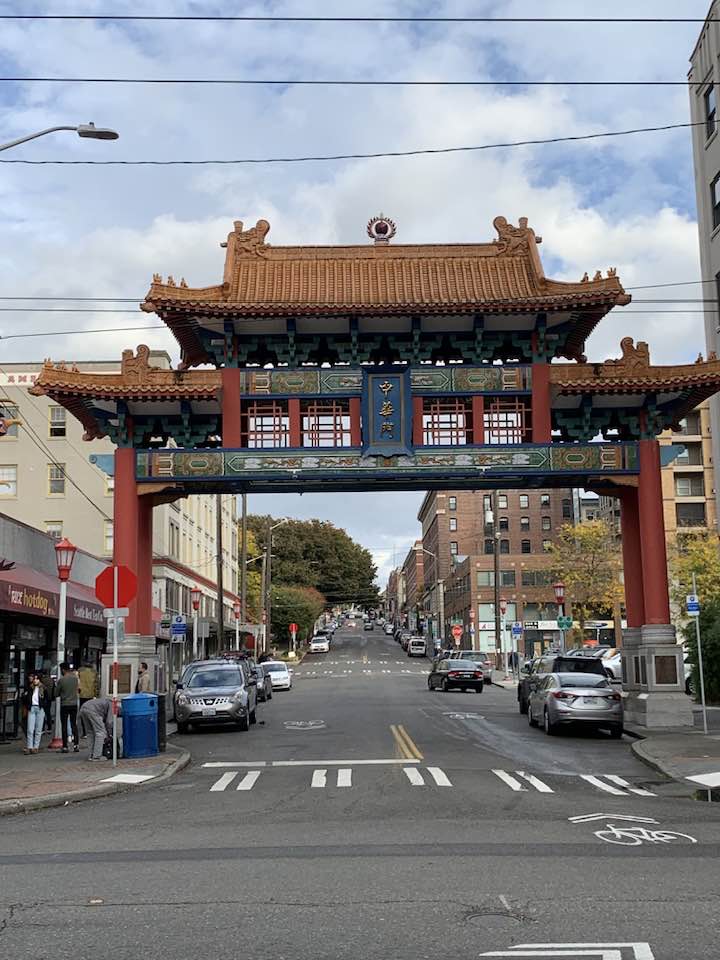 Ceremonial gate above street in Seattle's Chinatown International District